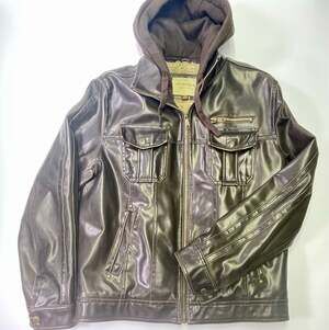 Sonoma Insulated Distressed Brown Faux Leather Mens Hooded Jacket - Medium